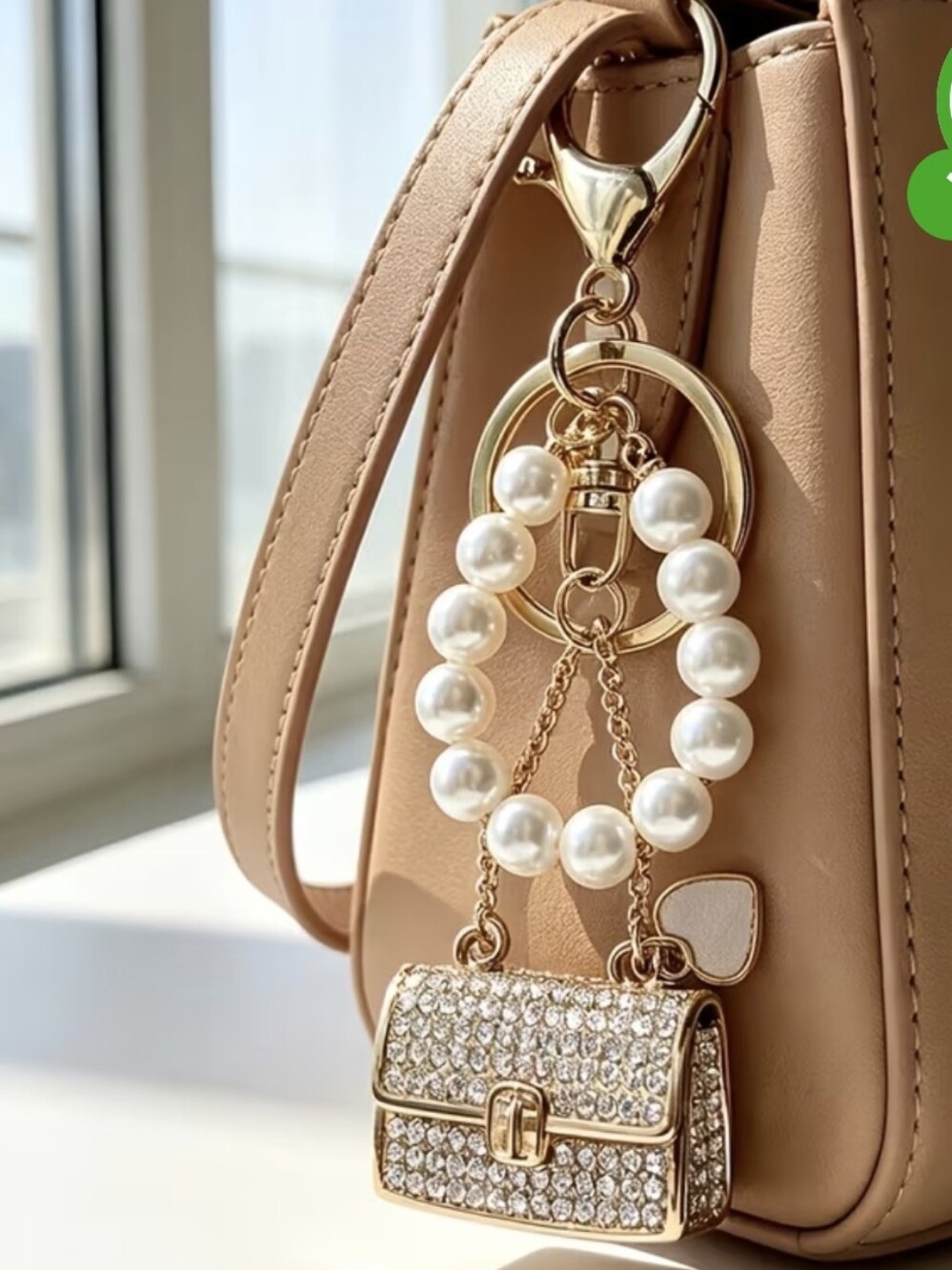 Gold Tone Faux Pearl & Rhinestone Purse Charm Keychain New